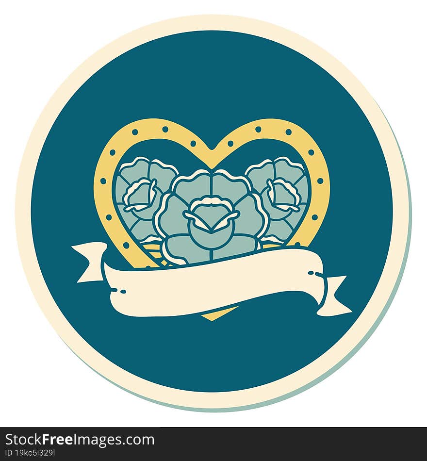 sticker of tattoo in traditional style of a heart and banner with flowers. sticker of tattoo in traditional style of a heart and banner with flowers