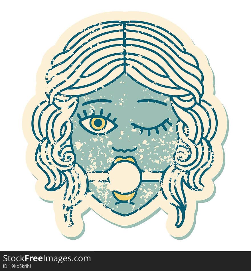 distressed sticker tattoo style icon of winking female face with ball gag