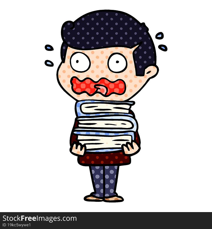 cartoon man with books totally stressed out. cartoon man with books totally stressed out