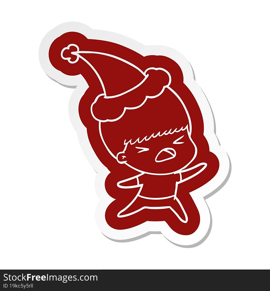 Cartoon  Sticker Of A Stressed Man Wearing Santa Hat