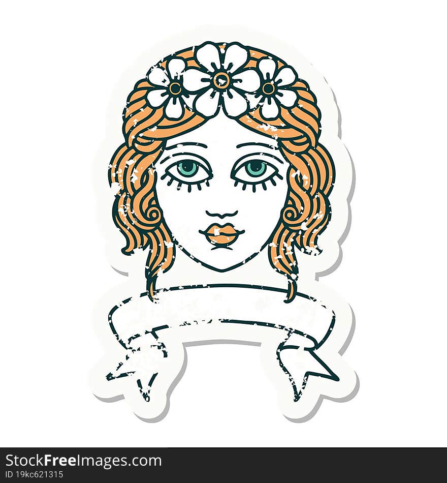 grunge sticker with banner of female face with crown of flowers