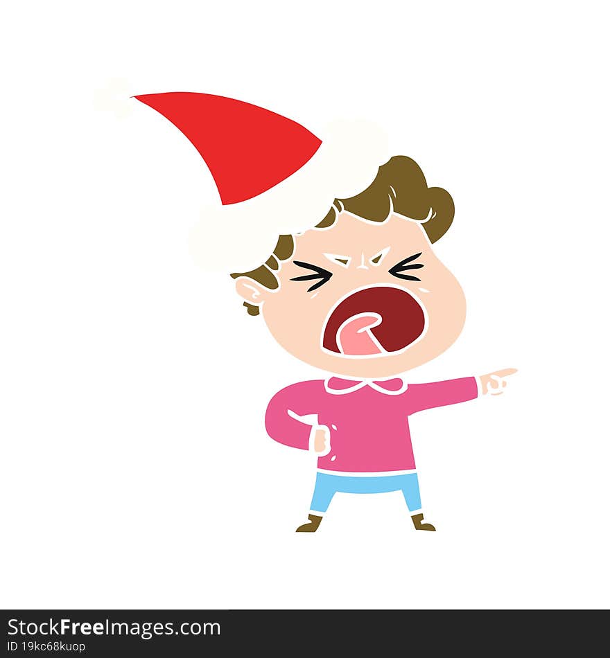 flat color illustration of a furious man wearing santa hat