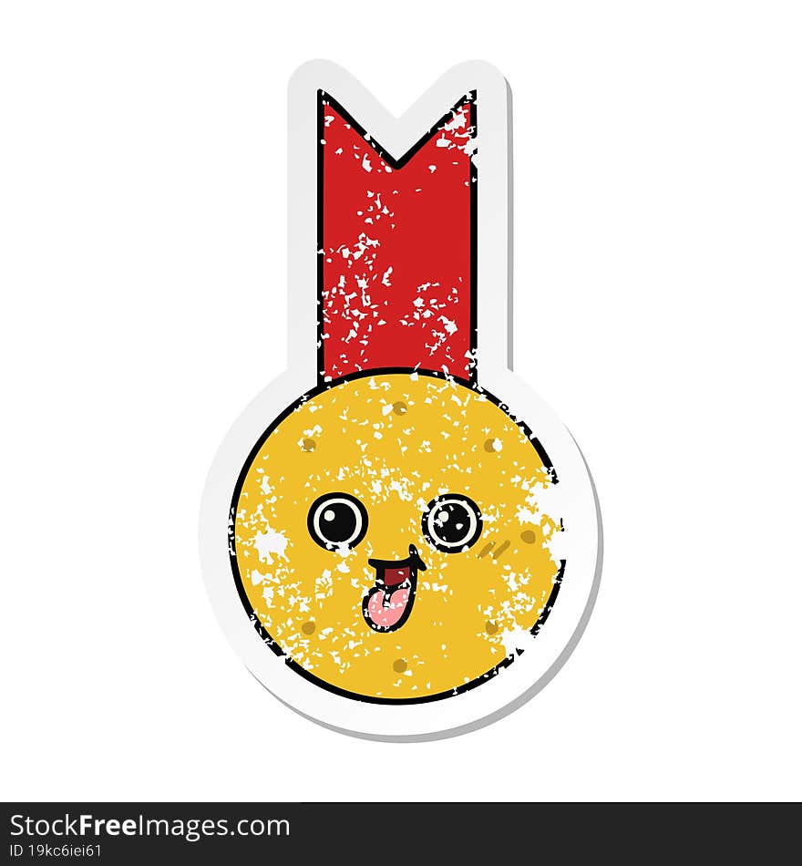 distressed sticker of a cute cartoon gold medal