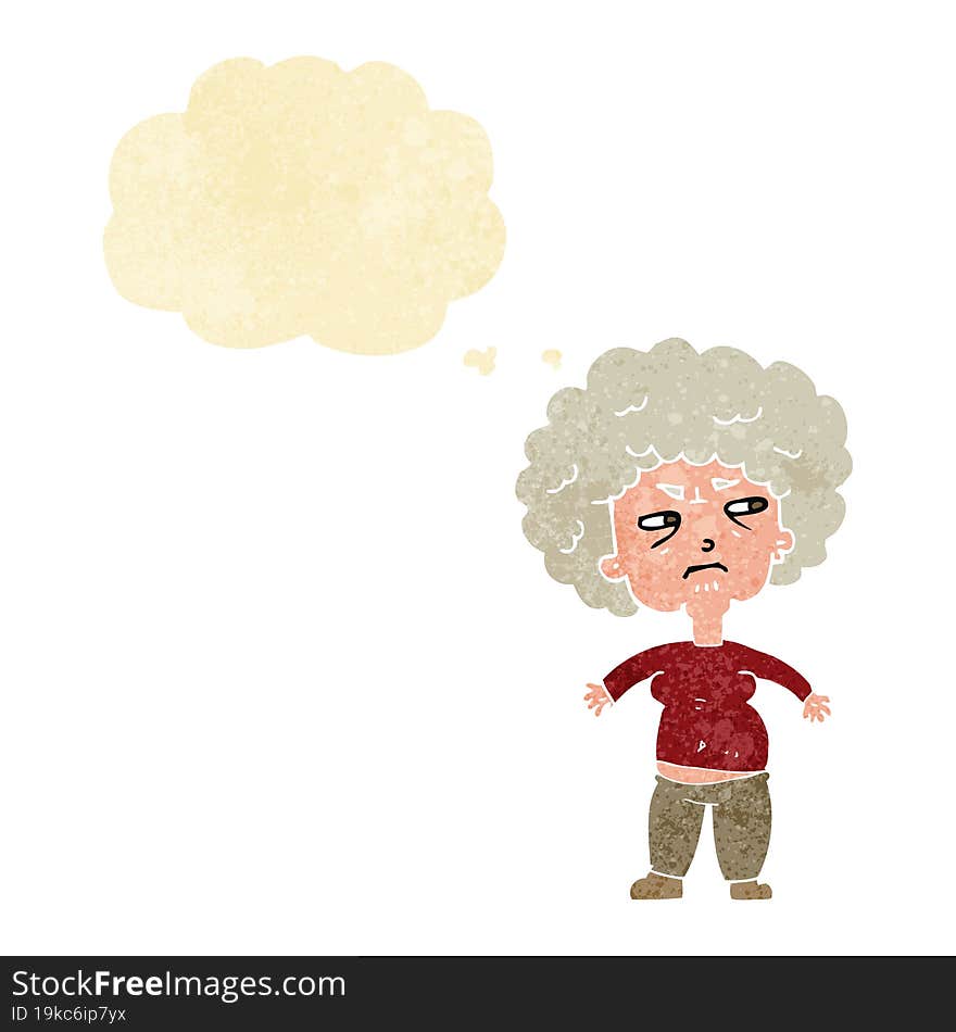 cartoon annoyed old woman with thought bubble