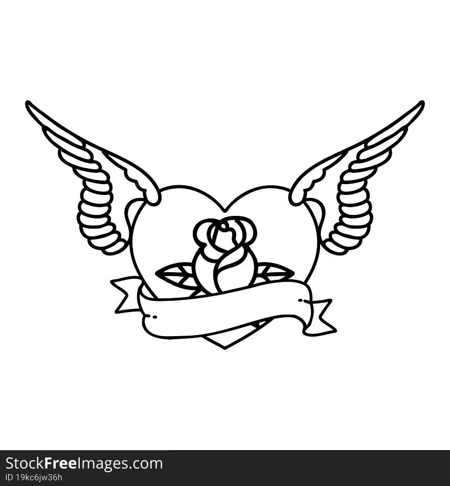 tattoo in black line style of a flying heart with flowers and banner. tattoo in black line style of a flying heart with flowers and banner