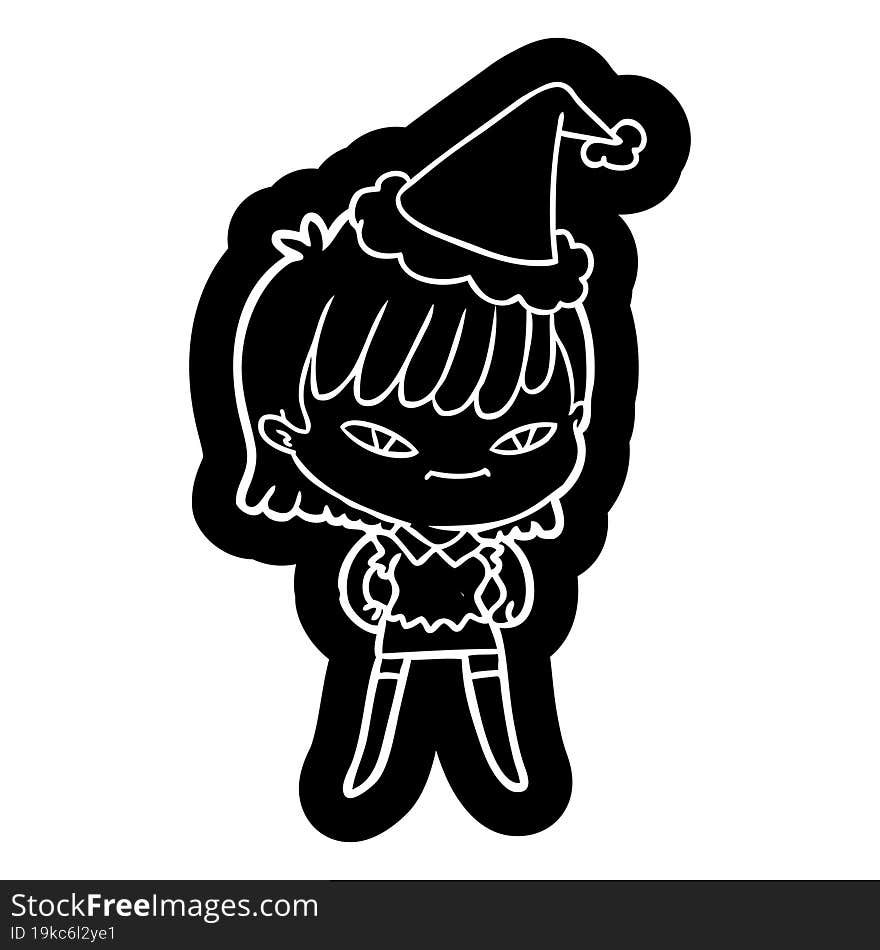 quirky cartoon icon of a woman wearing santa hat