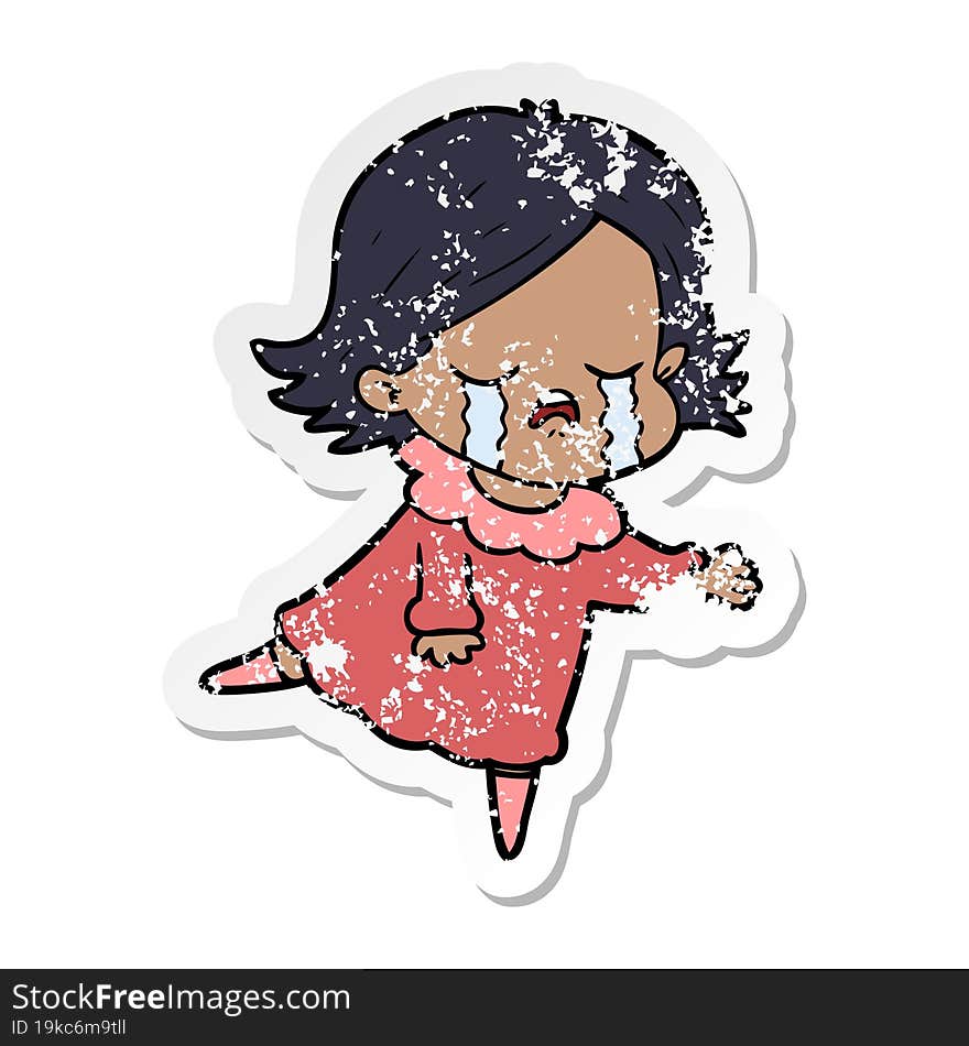 distressed sticker of a cartoon girl crying