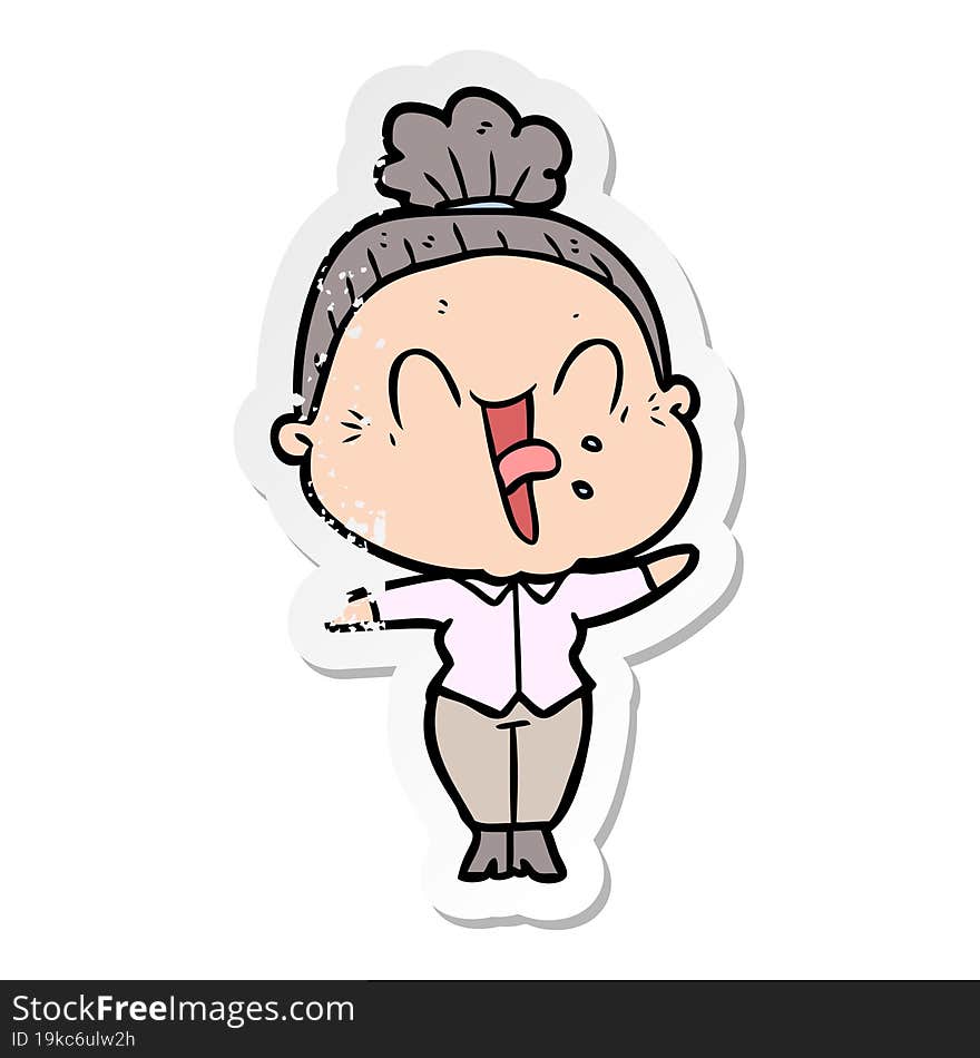 distressed sticker of a cartoon happy old woman