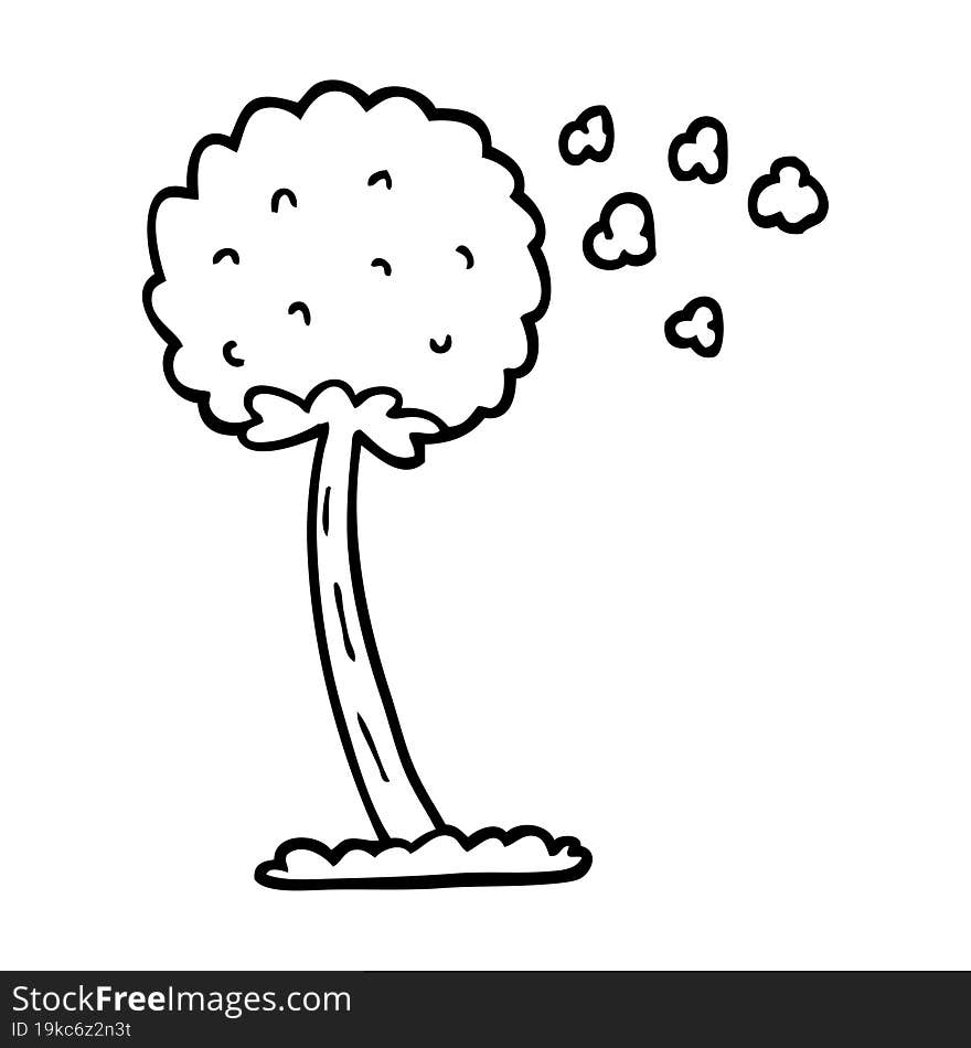 black and white cartoon dandelion blowing in wind