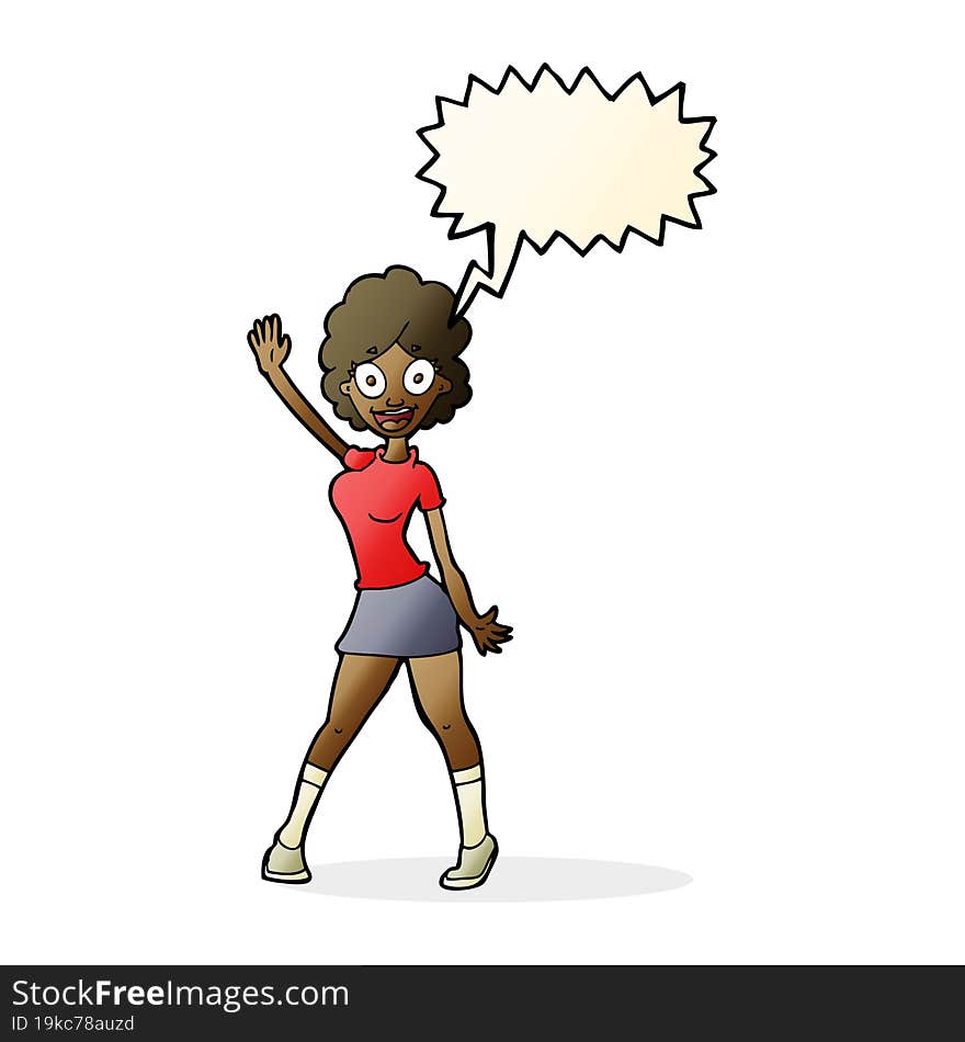 cartoon woman dancing with speech bubble