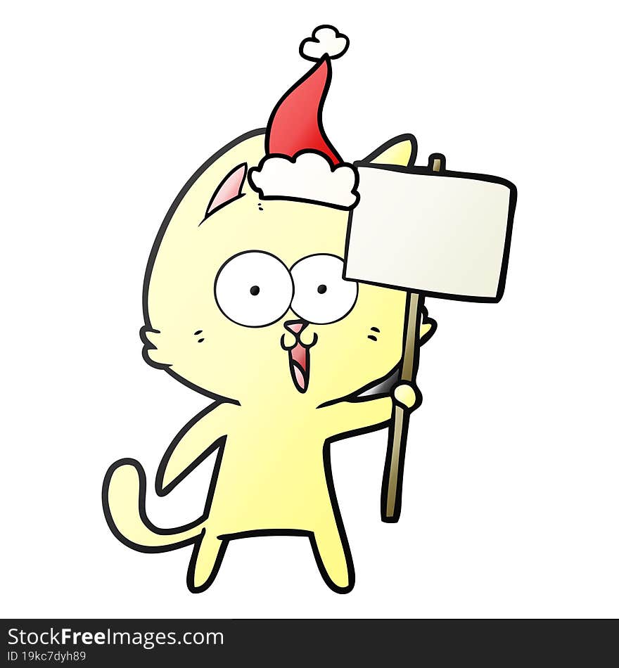 Funny Gradient Cartoon Of A Cat With Sign Wearing Santa Hat