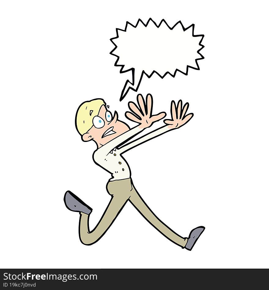 cartoon man running away with speech bubble