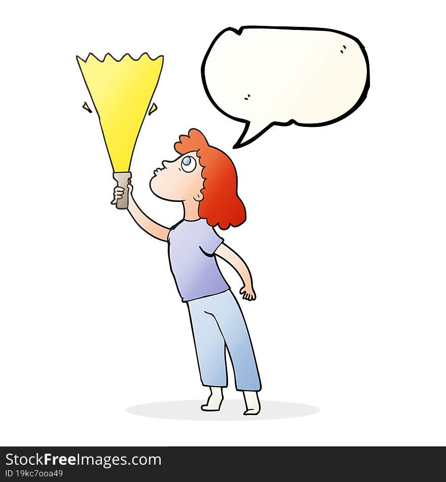 speech bubble cartoon woman searching with torch