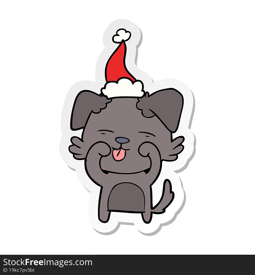 sticker cartoon of a dog rubbing eyes wearing santa hat