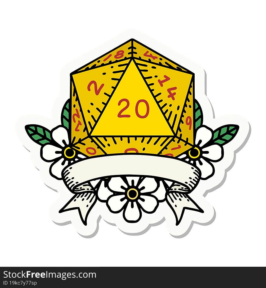 sticker of a natural 20 critical hit D20 dice roll. sticker of a natural 20 critical hit D20 dice roll