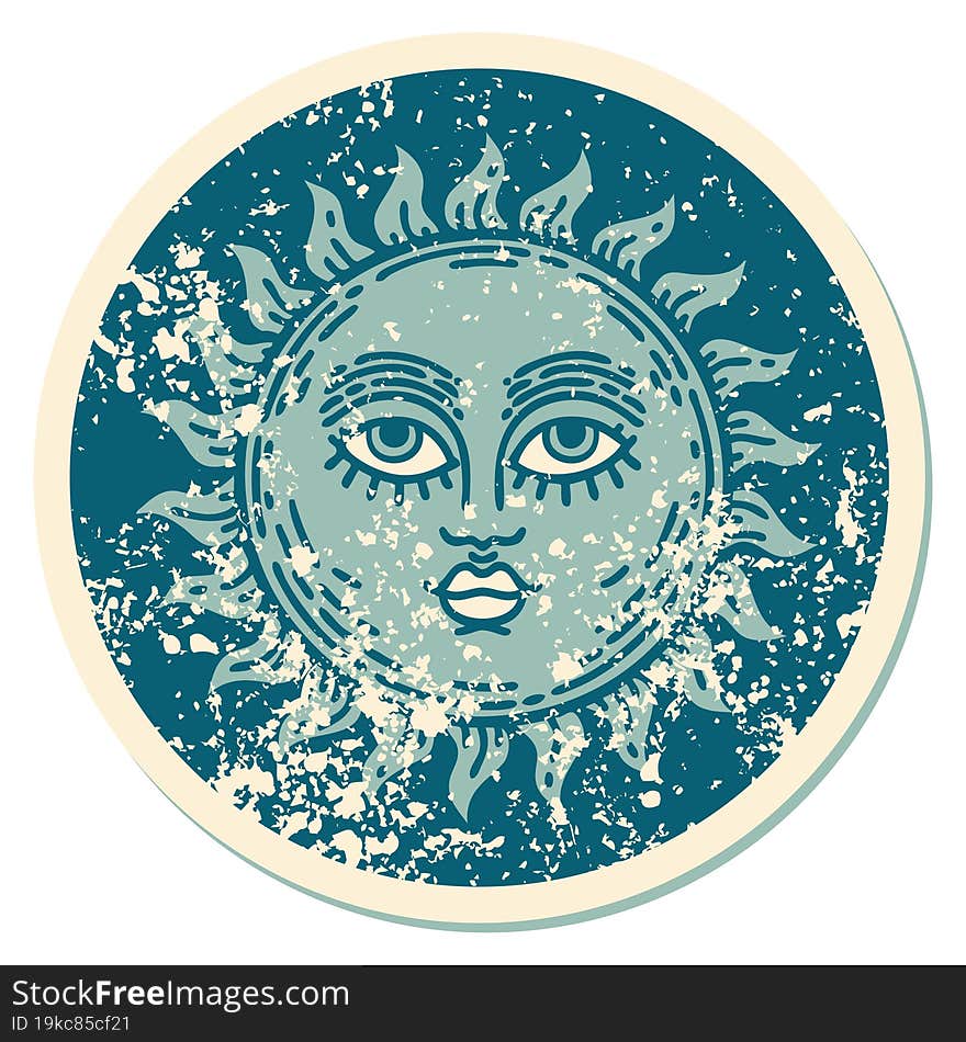 Distressed Sticker Tattoo Style Icon Of A Sun With Face