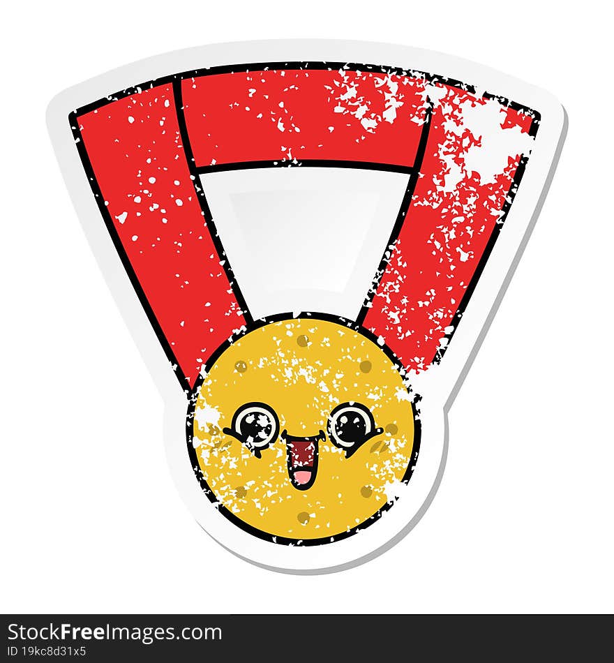 distressed sticker of a cute cartoon gold medal