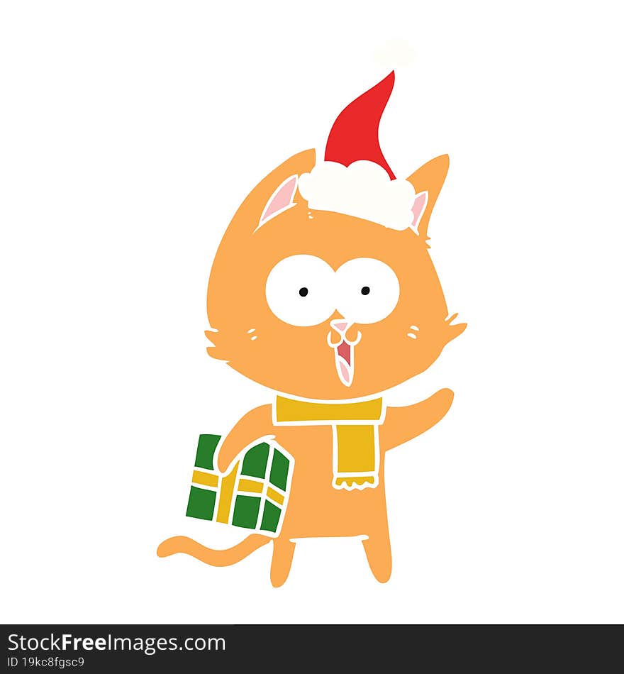 funny flat color illustration of a cat wearing santa hat