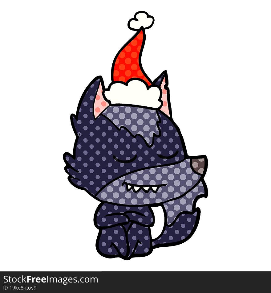 friendly hand drawn comic book style illustration of a wolf sitting wearing santa hat