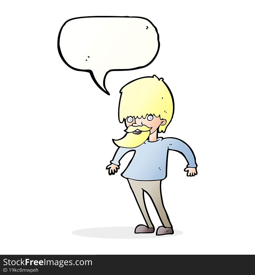 cartoon bearded man shrugging shoulders with speech bubble