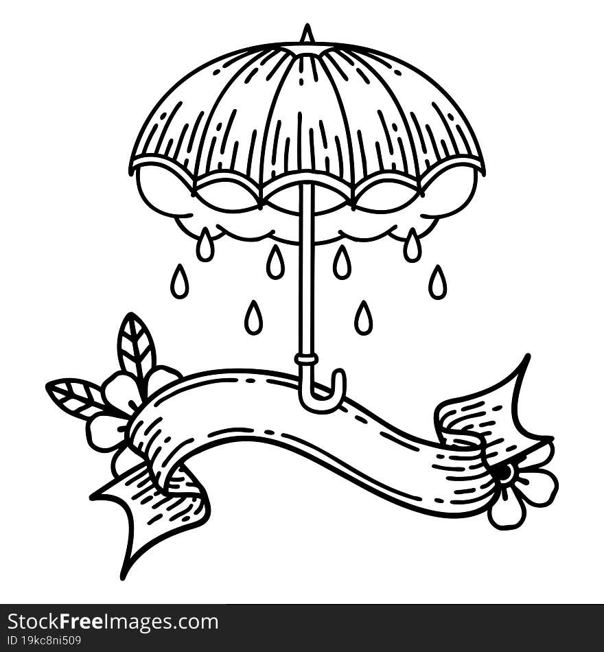 black linework tattoo with banner of an umbrella and storm cloud