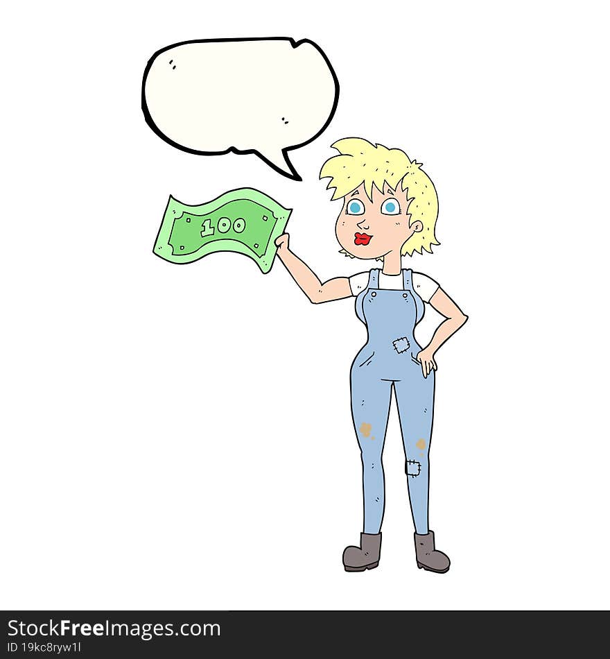 freehand drawn speech bubble cartoon confident farmer woman with money