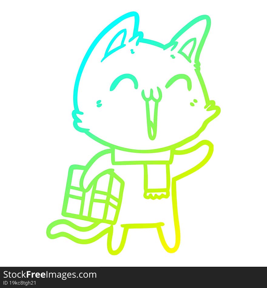 cold gradient line drawing of a happy cartoon cat with christmas gift