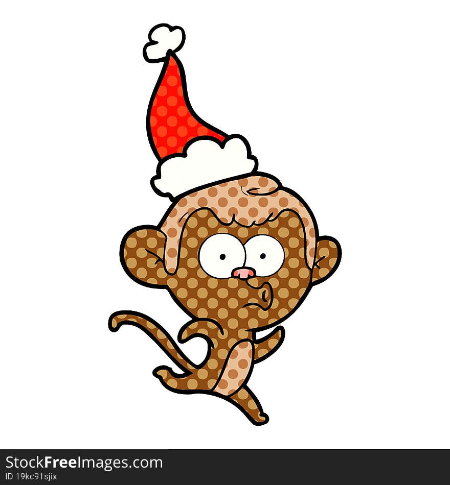 comic book style illustration of a surprised monkey wearing santa hat