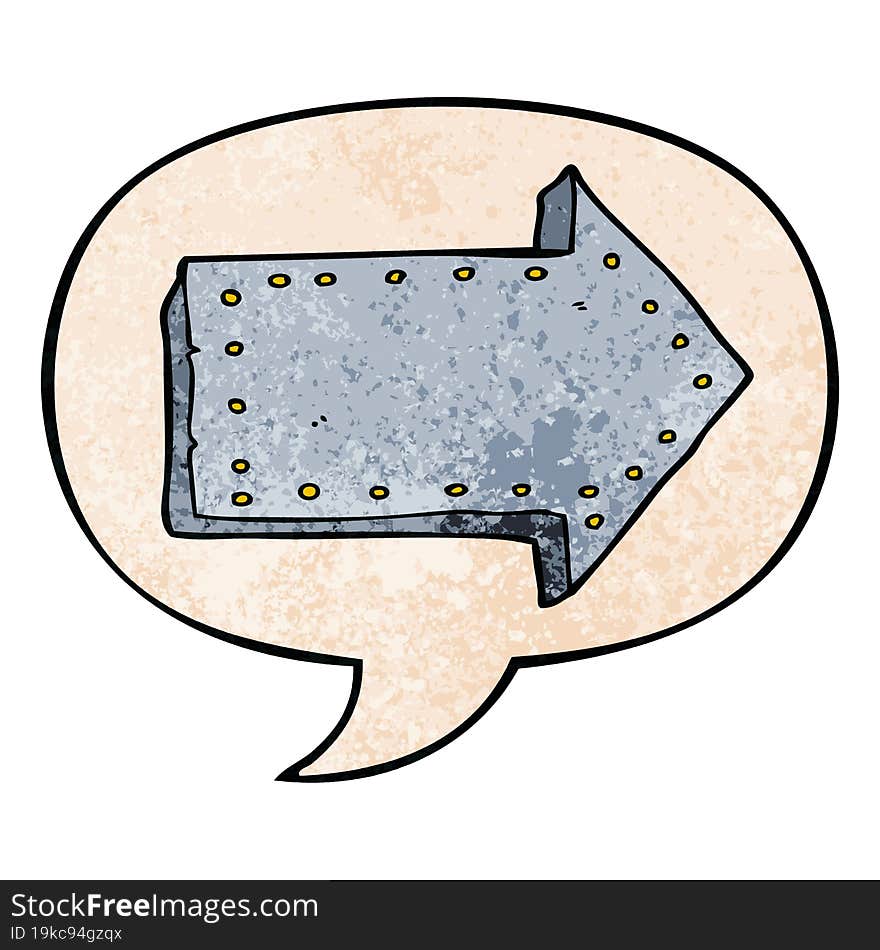 cartoon pointing arrow and speech bubble in retro texture style