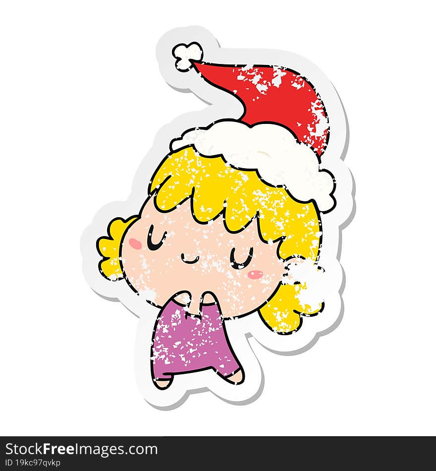 hand drawn christmas distressed sticker cartoon of kawaii girl