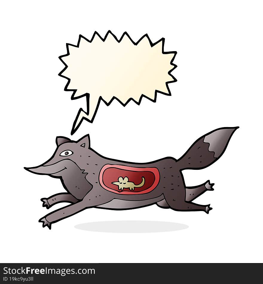 cartoon wolf with mouse in belly with speech bubble