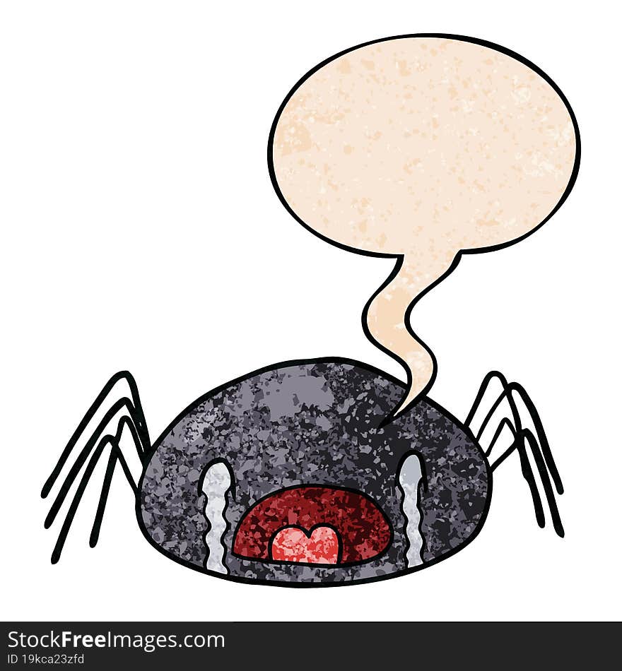 cartoon halloween spider crying and speech bubble in retro texture style