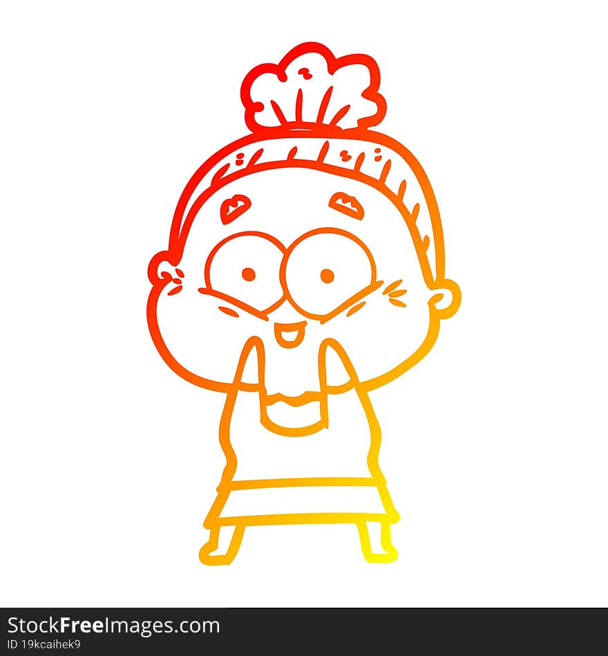 warm gradient line drawing of a cartoon happy old woman