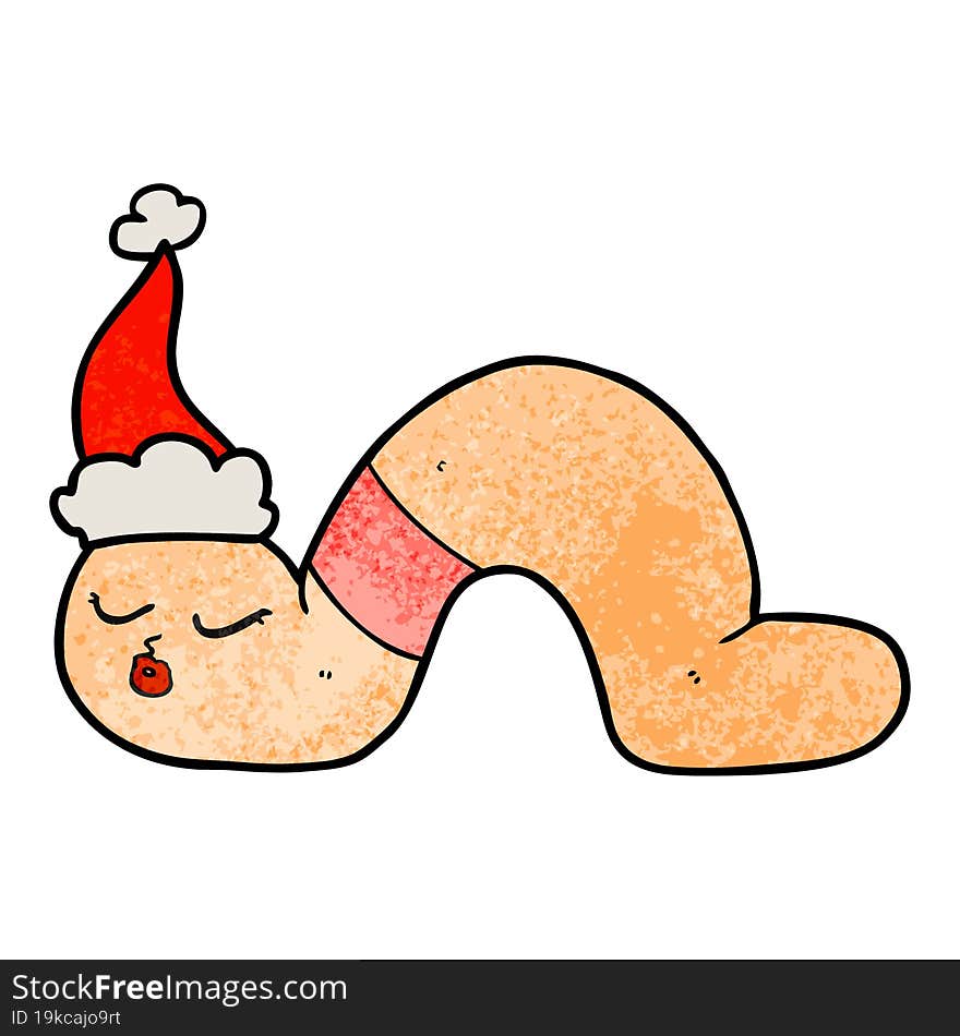 hand drawn textured cartoon of a worm wearing santa hat