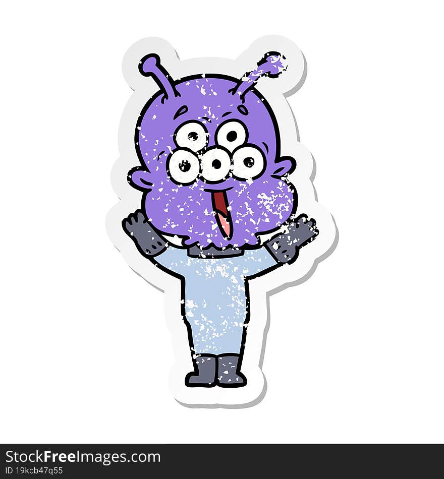 distressed sticker of a happy cartoon alien