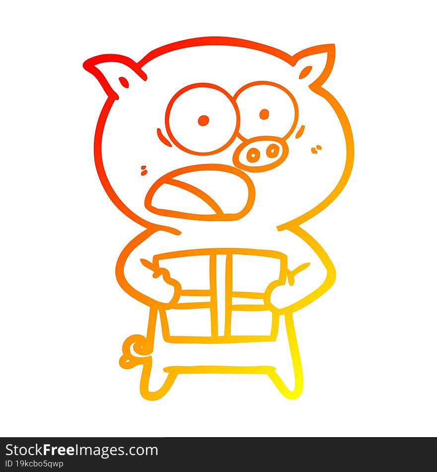 warm gradient line drawing cartoon pig with christmas present