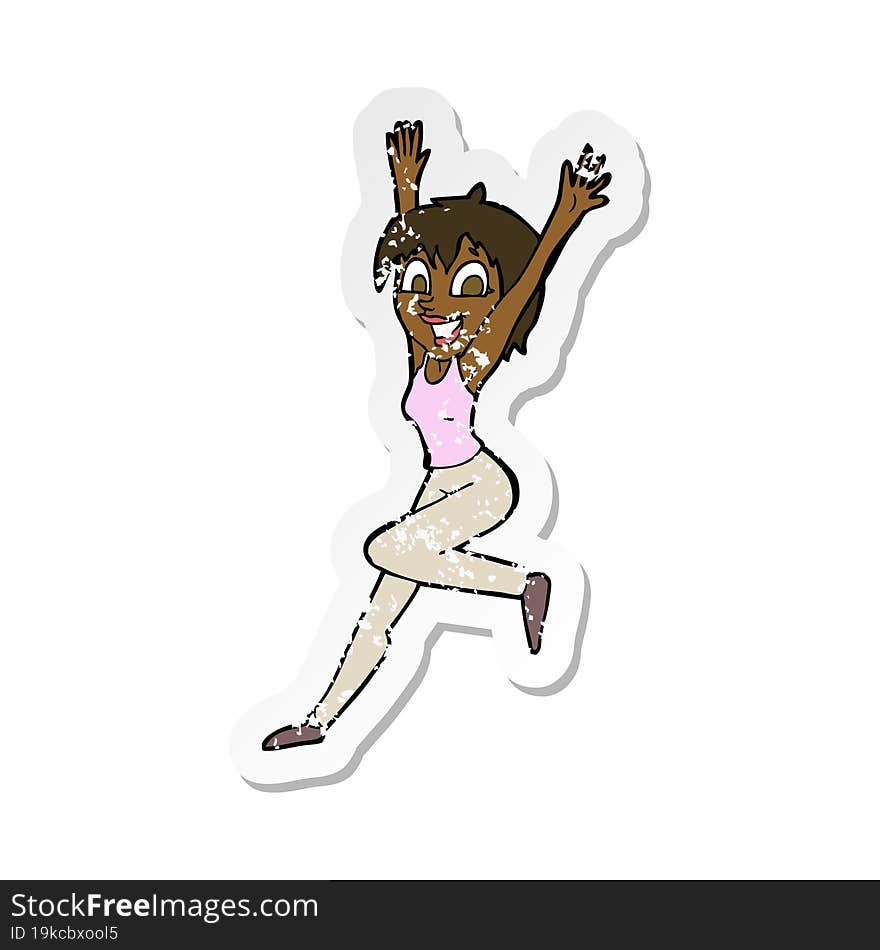 retro distressed sticker of a cartoon excited woman