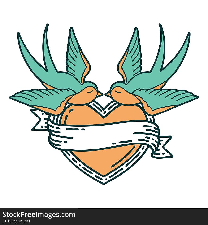 iconic tattoo style image of swallows and a heart with banner. iconic tattoo style image of swallows and a heart with banner