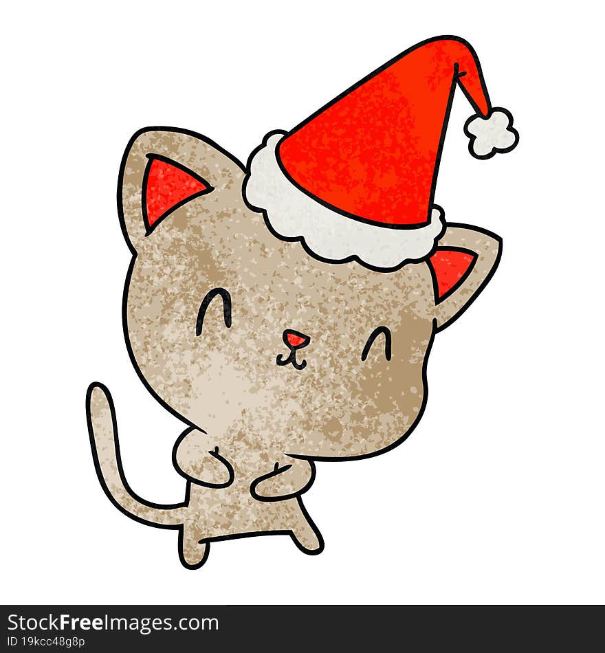 hand drawn christmas textured cartoon of kawaii cat