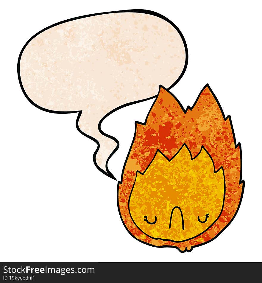 cartoon unhappy flame and speech bubble in retro texture style