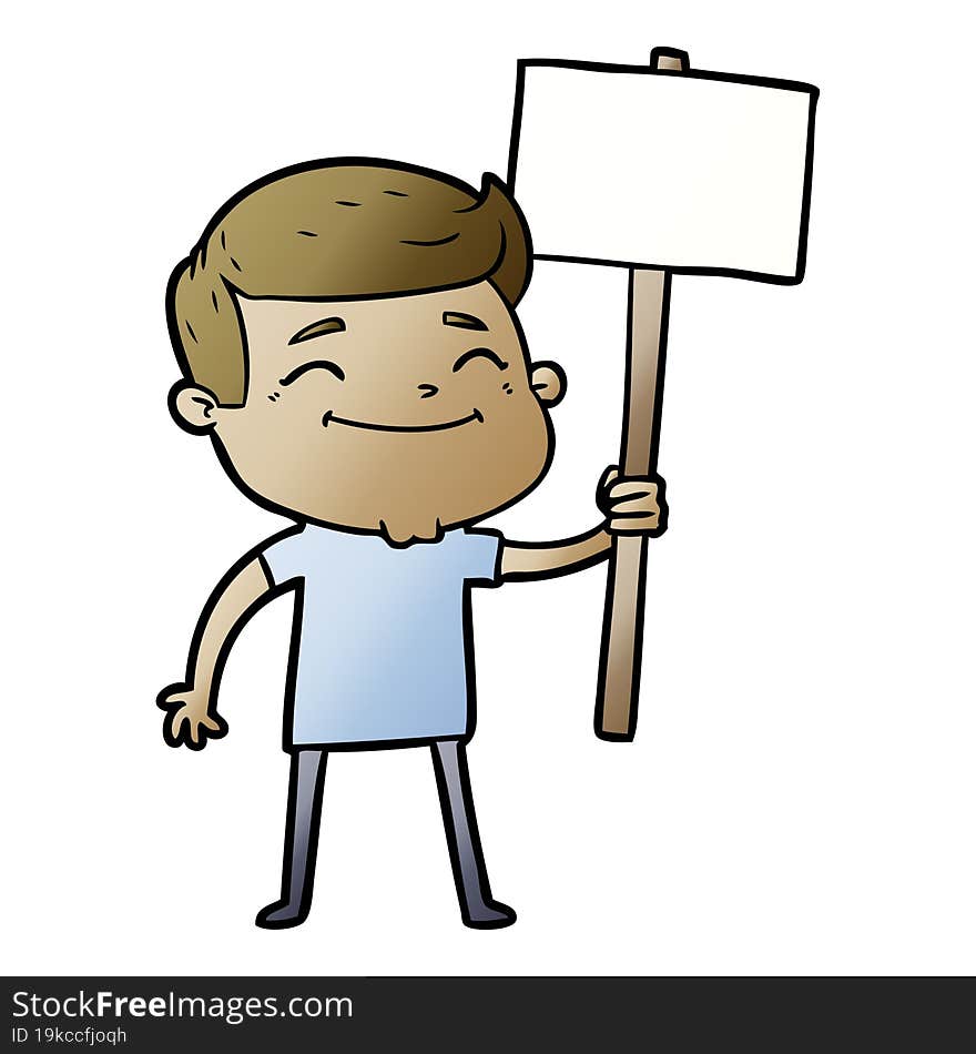 happy cartoon man with placard. happy cartoon man with placard