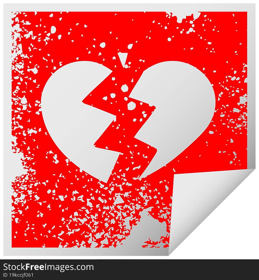 distressed square peeling sticker symbol of a broken heart