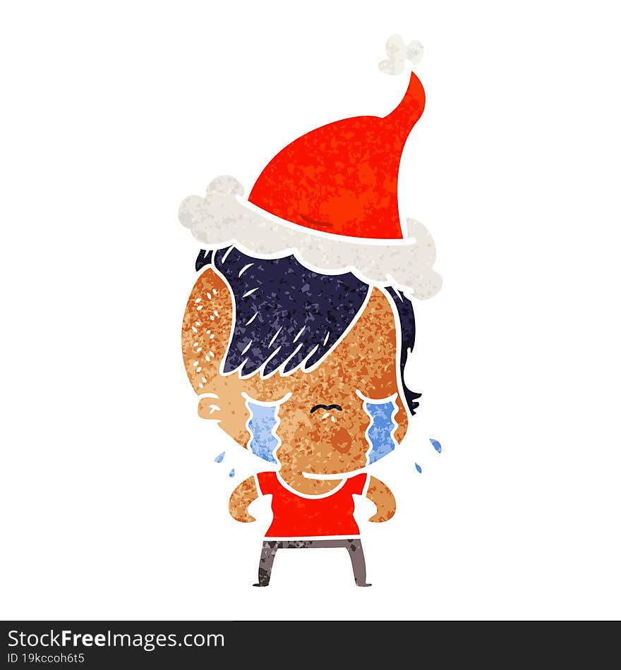 retro cartoon of a crying girl wearing santa hat