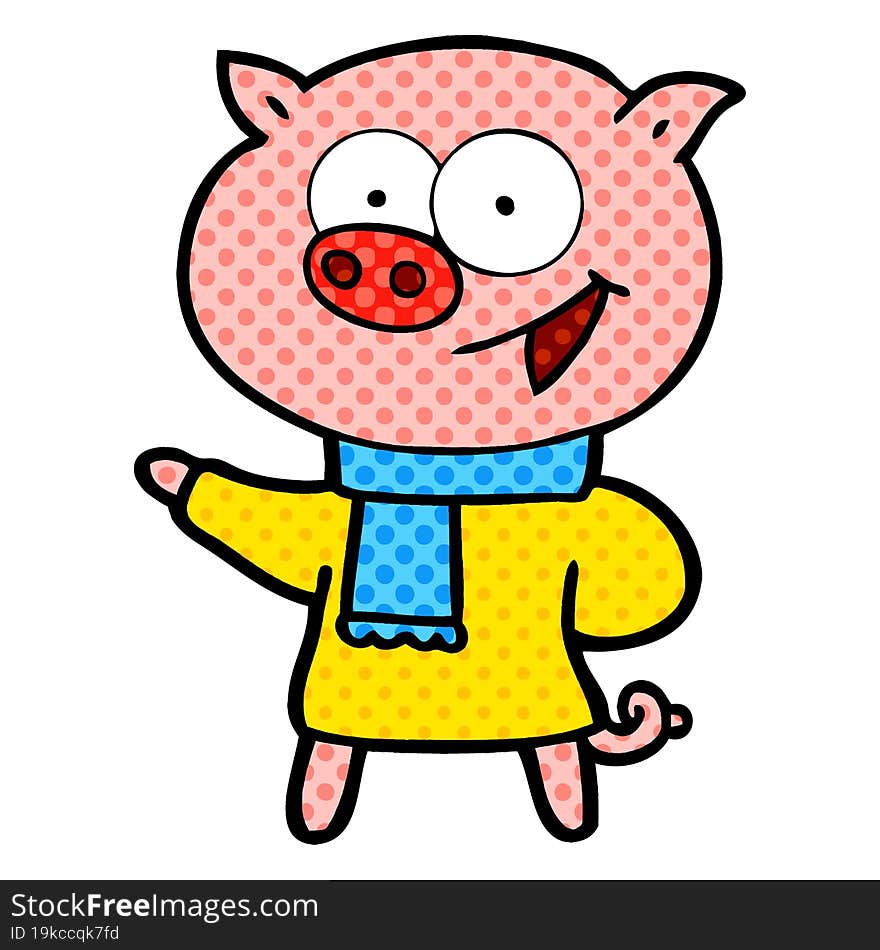 cheerful pig wearing winter clothes cartoon. cheerful pig wearing winter clothes cartoon