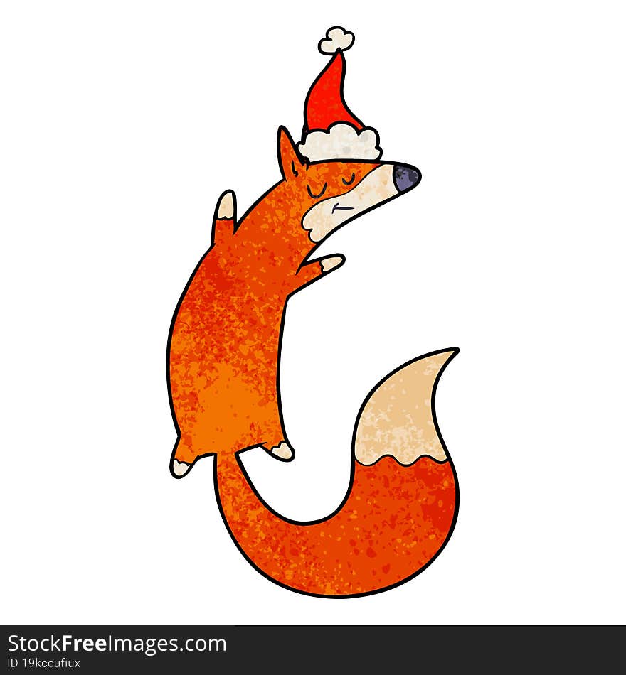 textured cartoon of a jumping fox wearing santa hat