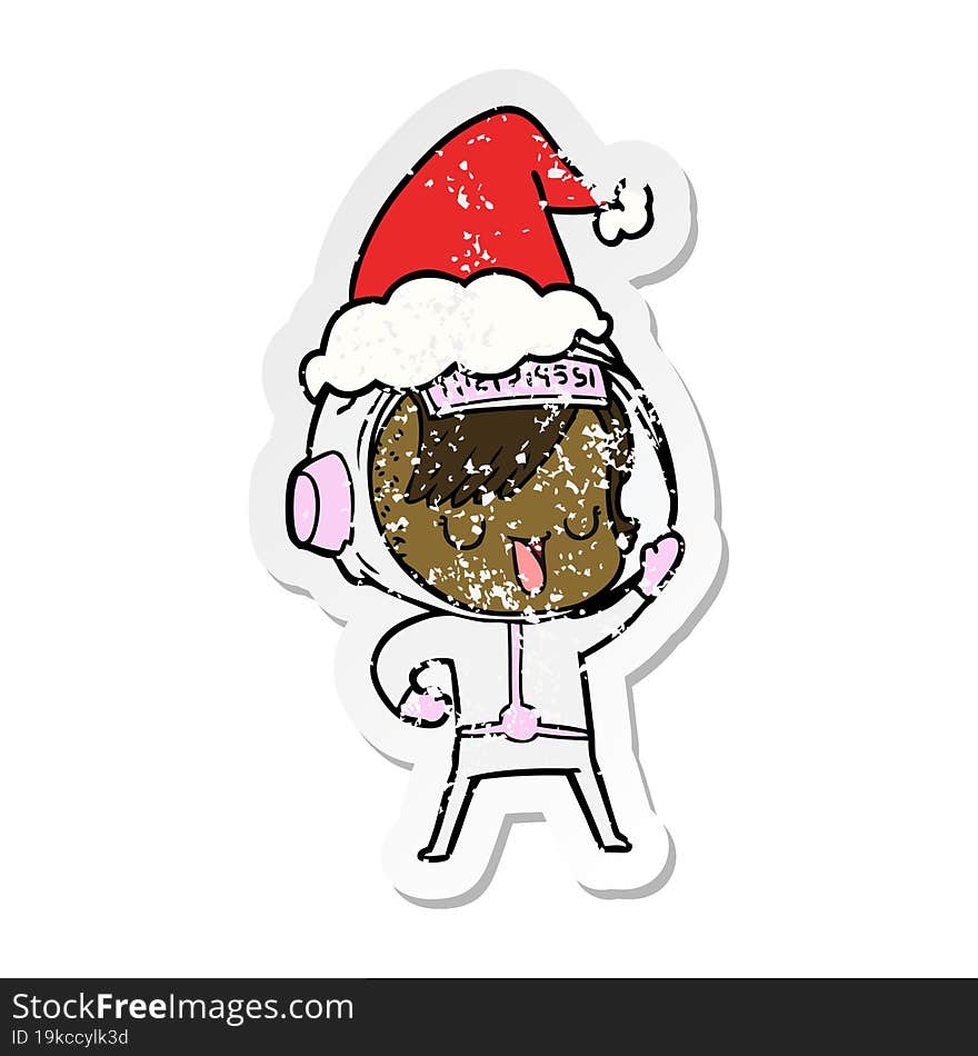 Distressed Sticker Cartoon Of A Astronaut Woman Wearing Santa Hat