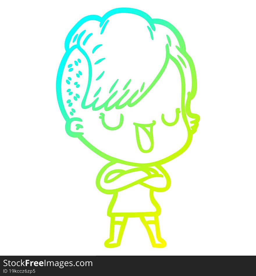 cold gradient line drawing of a cute cartoon girl with hipster haircut