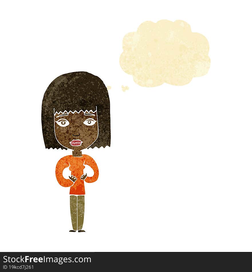 cartoon woman indicating self with thought bubble