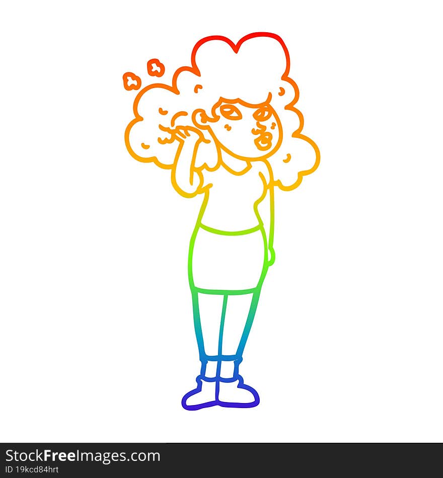 rainbow gradient line drawing cartoon girl playing with hair