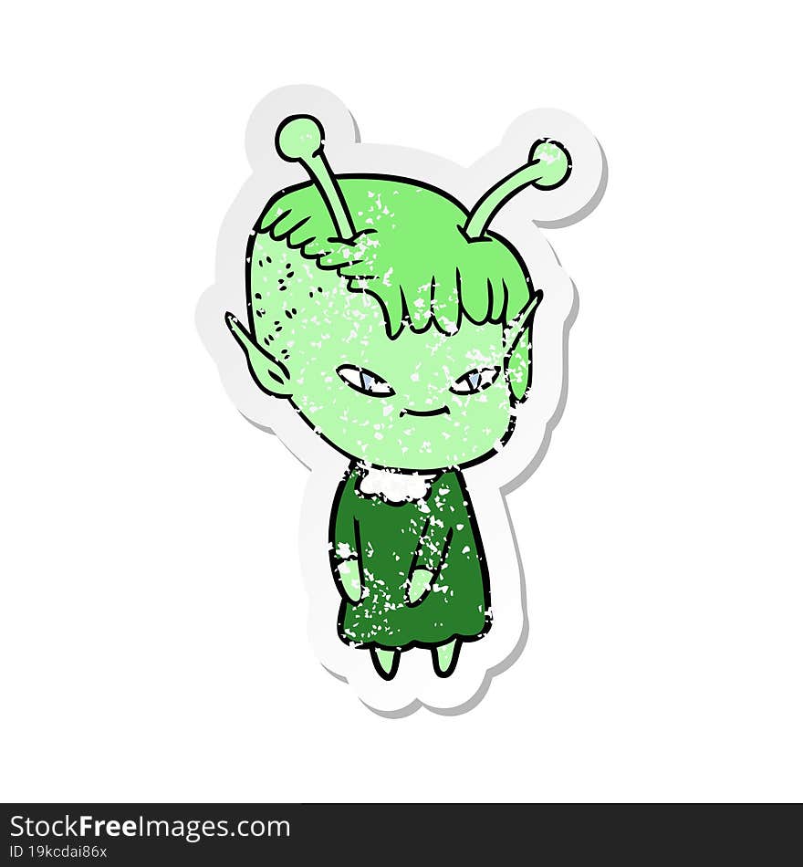 distressed sticker of a cute cartoon alien girl